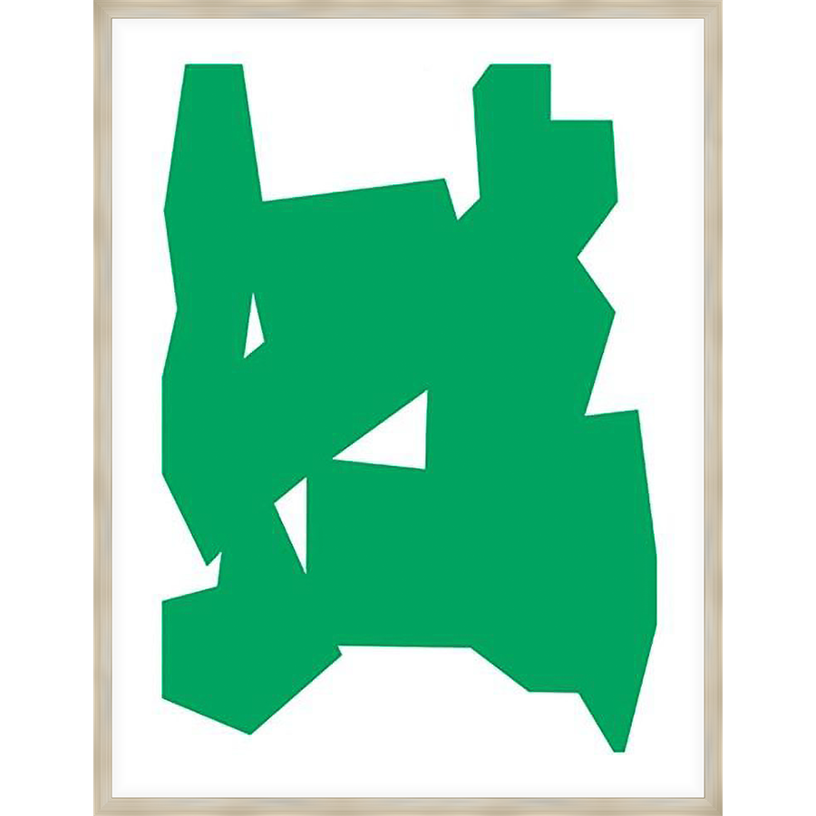 An abstract composition featuring a bold green shape against a white background, creating a modern and striking visual. This artwork is sure to add a touch of contemporary flair to any space.