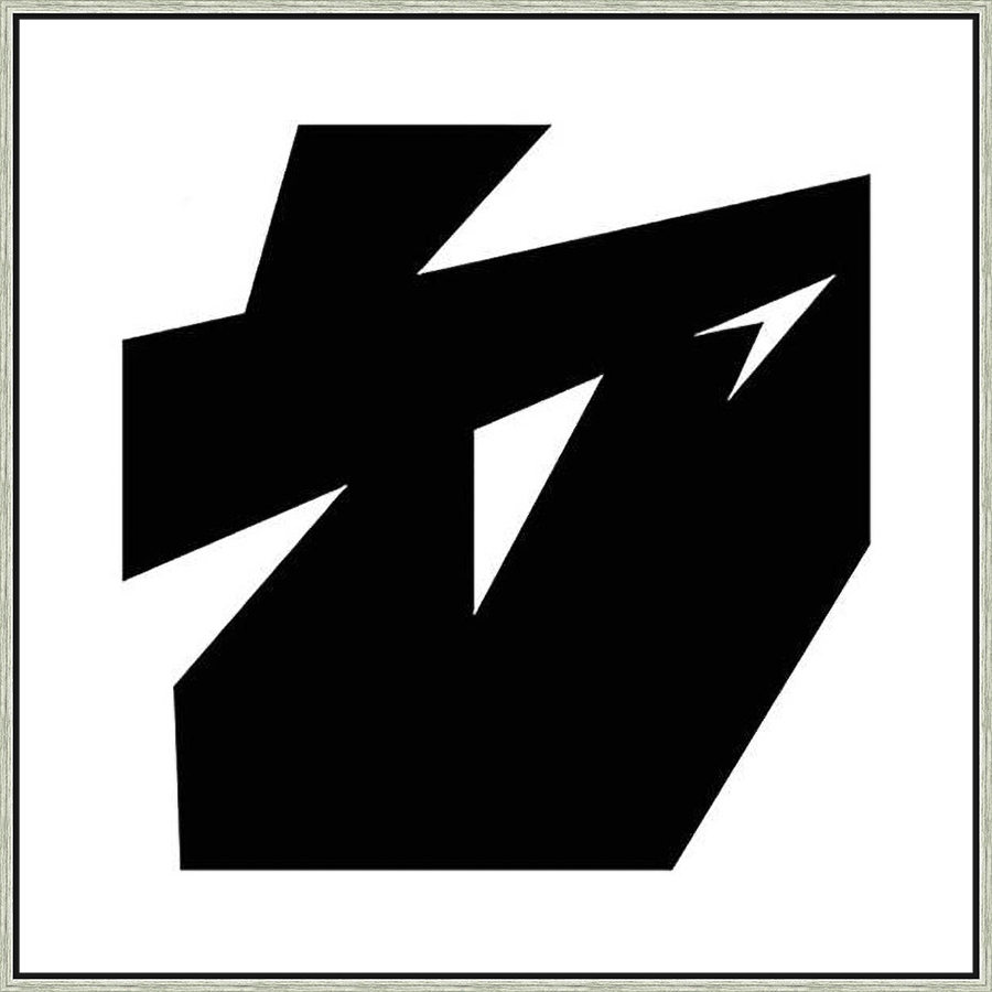 This minimalist artwork features a striking geometric composition with bold black shapes against a pristine white backdrop. The design utilizes sharp angles and contrasting forms to create a dynamic and visually arresting piece, perfect for modern spaces.