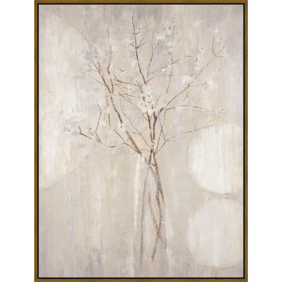 A serene depiction of a vase holding delicate branches of white blossoms is presented in this artwork. The neutral color palette creates a sense of calm with its soft brushstrokes and layered textures. It makes for a sophisticated accent to any space.