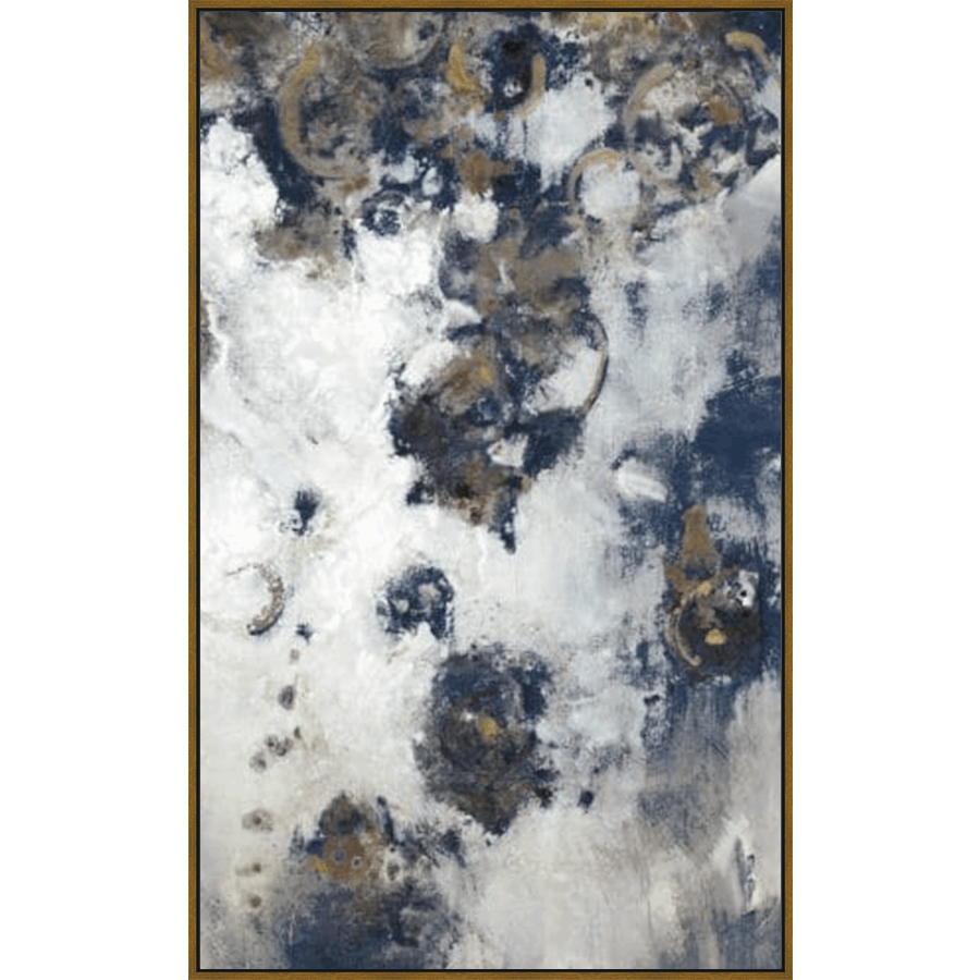 This original abstract artwork presents a stunning interplay of textures and colors, featuring a dynamic composition of sweeping strokes and circular motifs. The deep blues and warm golds blend with soft whites to create a mesmerizing visual experience. This piece will undoubtedly bring a touch of elegance and sophistication to any space.