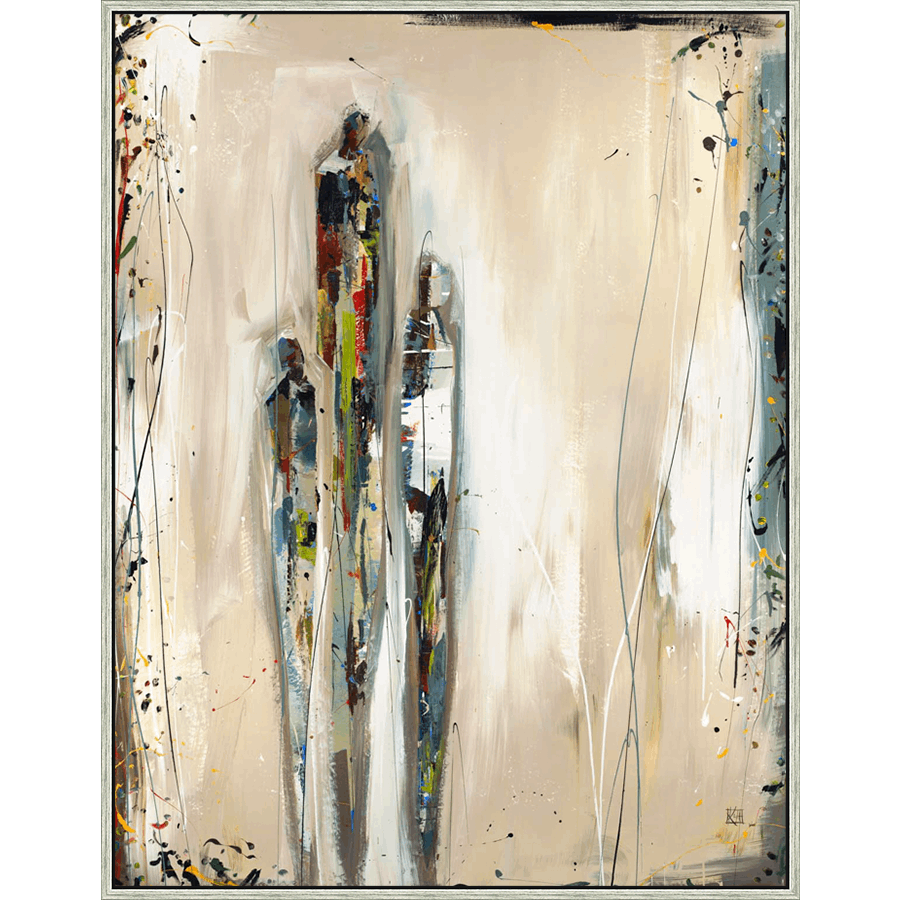 This abstract artwork features three tall, slender figures rendered with bold brushstrokes and a palette of earthy tones and vibrant color accents. The composition is characterized by a sense of movement, suggested by the verticality of the figures and the scattered splashes and drips of paint. The background is a neutral wash, allowing the figures to take center stage and convey a feeling of intimacy and mystery.