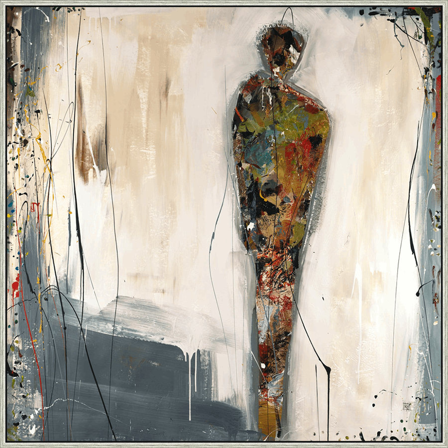 This original artwork captures the essence of abstract expressionism through a striking composition featuring a solitary figure. The figure, rendered in bold and textured brushstrokes, stands in stark contrast against a backdrop of muted tones and dynamic lines, creating a sense of depth and contemplation. Splatters and drips of color add movement and energy, making this piece a captivating focal point for any space.