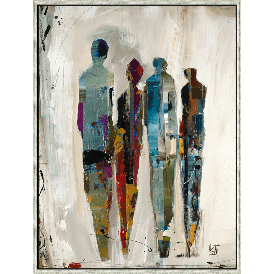 This abstract piece showcases a group of figures standing in a row, their forms defined by vibrant blocks of color and textured brushstrokes. Against a neutral background of white and off-white, the individuals appear as silhouettes created by sections of paint, with the colors shifting from purples and greens to blues and reds. The artwork evokes a sense of anonymity and connection, the figures merging together yet retaining their unique internal presence.