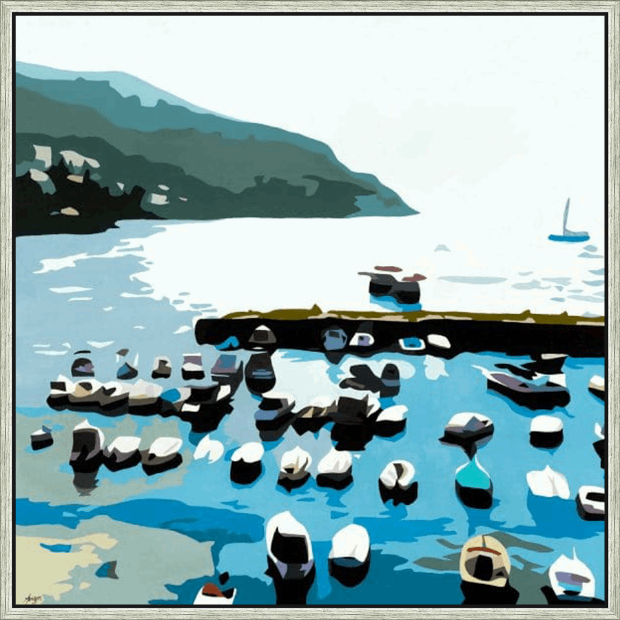 This stunning piece captures a serene coastal scene with a unique artistic style. The artwork portrays a tranquil bay, featuring a cluster of boats gently bobbing on the water, framed by a distant mountain and a stretch of coastline. The simplified forms and bold color palette create a modern and appealing aesthetic, making it a perfect addition to any space seeking a touch of coastal charm.