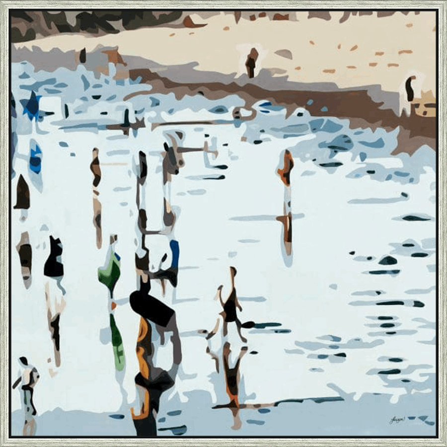 This art piece captures a moment of serene activity, likely at a waterside location like a beach. Stylized figures are depicted as silhouettes and abstracted shapes, adding a contemporary feel. The color palette of whites, blues, browns, and touches of color creates an impressionistic and calming atmosphere.