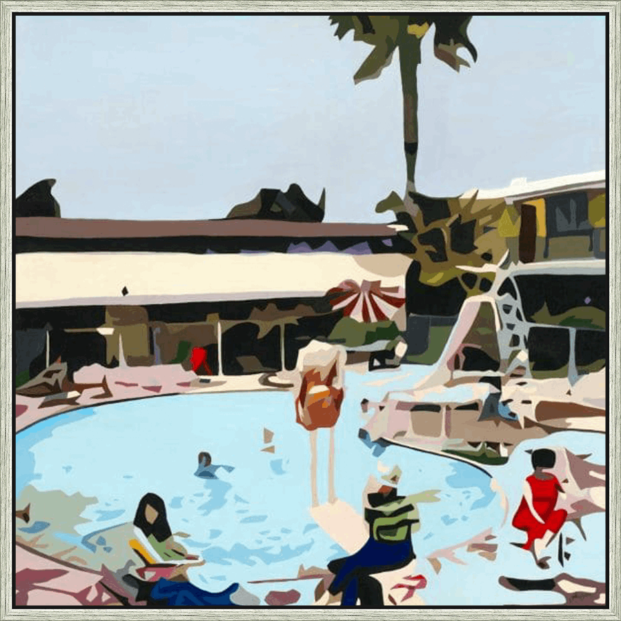 This artwork captures a serene poolside scene bathed in the warm sunlight of a vacation day. The vibrant blue pool contrasts with the muted tones of the surrounding buildings and lush greenery. Figures of people enjoying the pool complete the laid-back atmosphere. The composition features a unique artistic style, employing bold shapes and colors to depict the idyllic setting, making it an attractive piece for adding a touch of relaxation to your home.