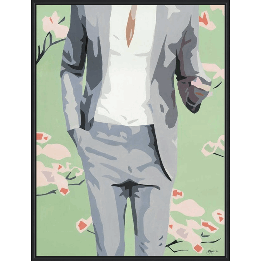This striking artwork features a figure in a grey suit and white shirt, standing casually with a hand in their pocket, set against a refreshing green backdrop adorned with stylized floral elements. The use of bold color blocking creates a modern and graphic aesthetic, lending a sense of sophistication and contemporary flair to any space. Its minimalist yet impactful design makes it a versatile addition to any art collection.