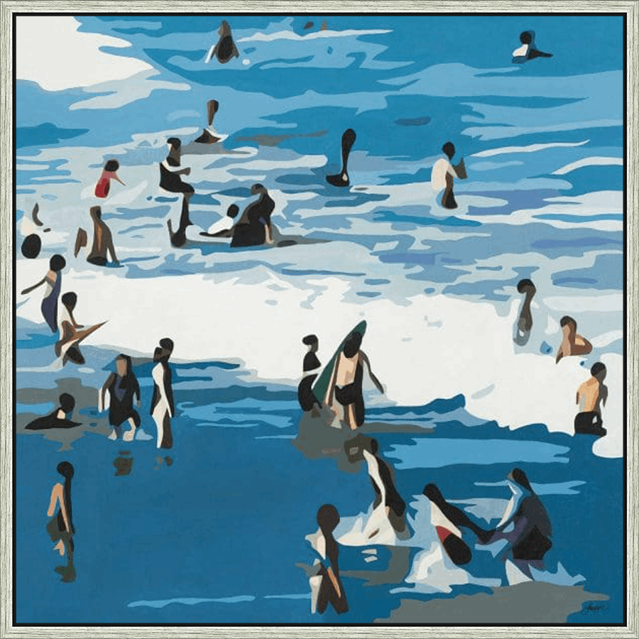 This original artwork depicts a vibrant seaside scene, capturing a day at the beach with bold strokes and a unique color palette. Swimmers and surfers dot the waves, inviting the viewer to imagine themselves in the refreshing blue water. The artist's distinctive style creates a captivating and dynamic composition that is both modern and evocative, perfect for bringing the serenity of the ocean into your space.