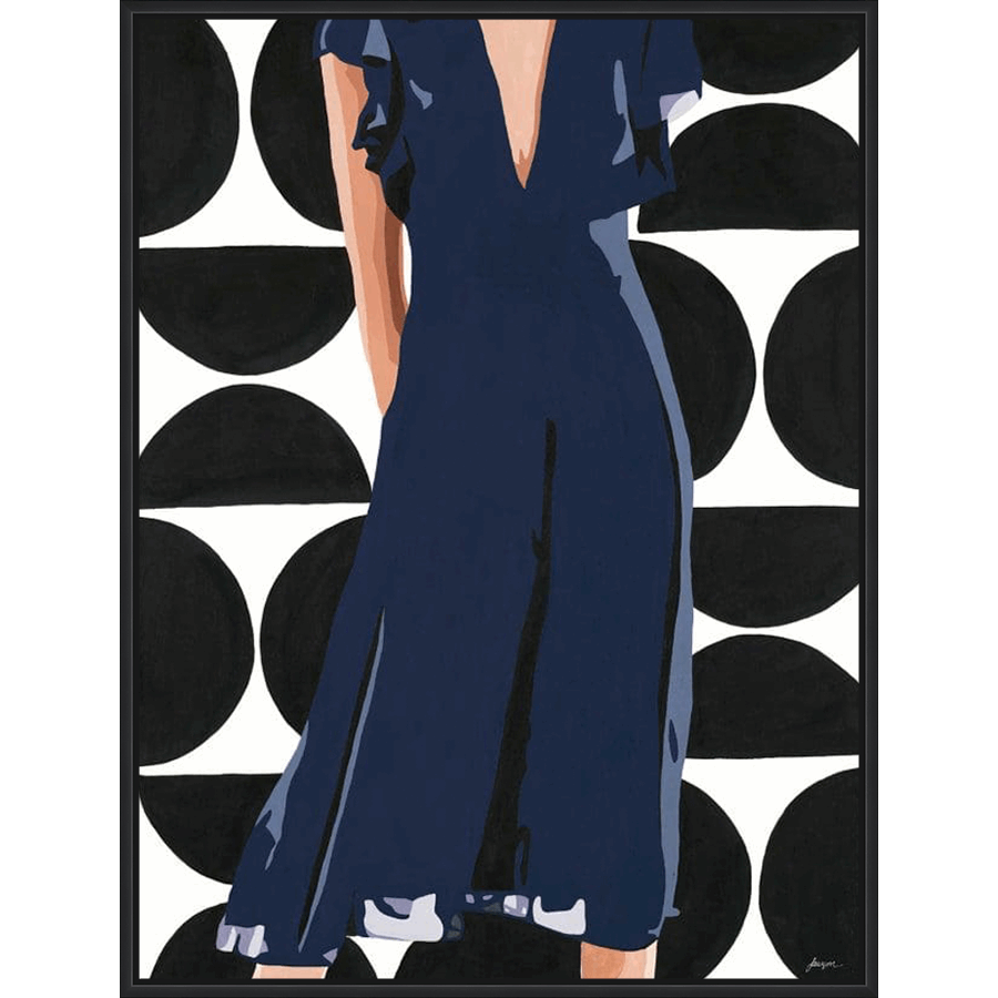 This artwork features a woman in a blue dress against a backdrop of black and white semi-circles, creating a modern and geometric feel. The figure is central and the dress is the main focus, with the background shapes adding a playful dynamic. It's a stylish piece suitable for adding a contemporary touch to any room.