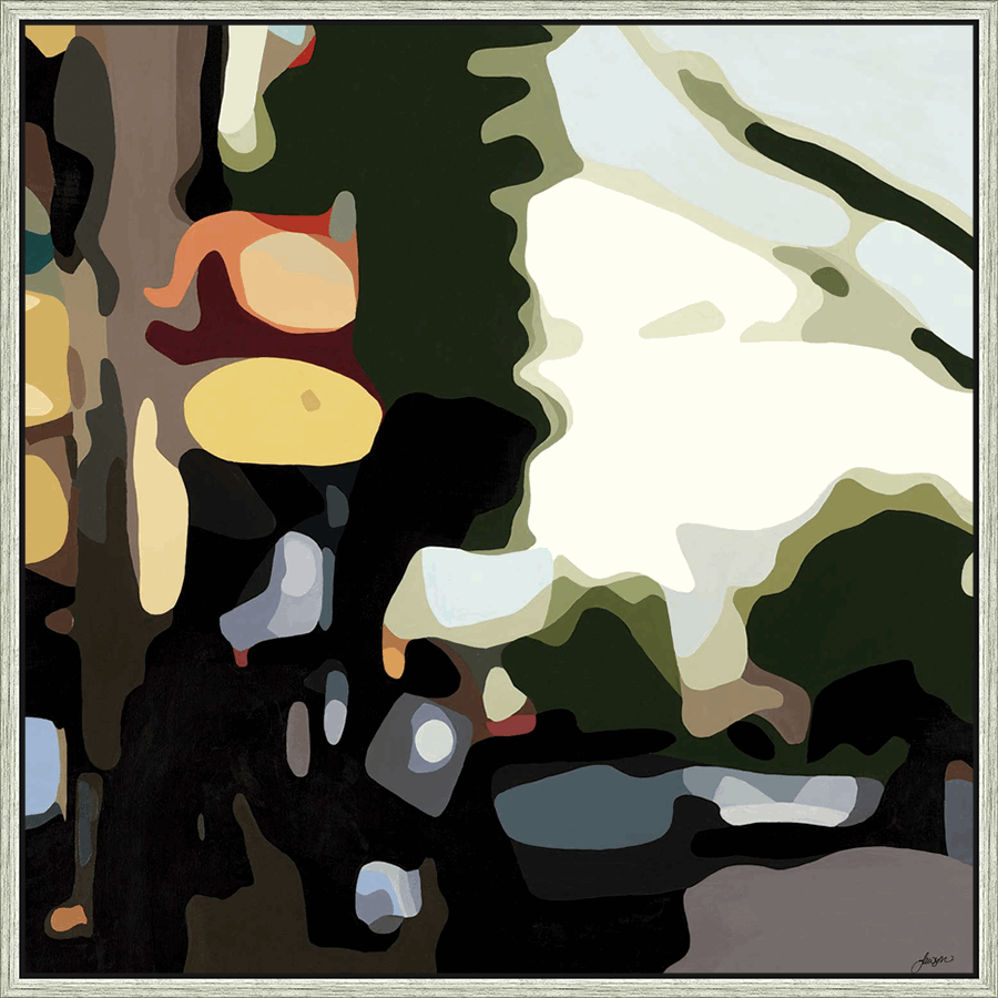 This abstract painting features a dynamic interplay of organic shapes and a rich color palette, evoking a sense of depth and movement. Warm, earthy tones blend with cool blues and greens, creating a visually engaging composition that invites contemplation. The artist's deliberate use of form and color invites viewers to interpret the piece on a personal level.