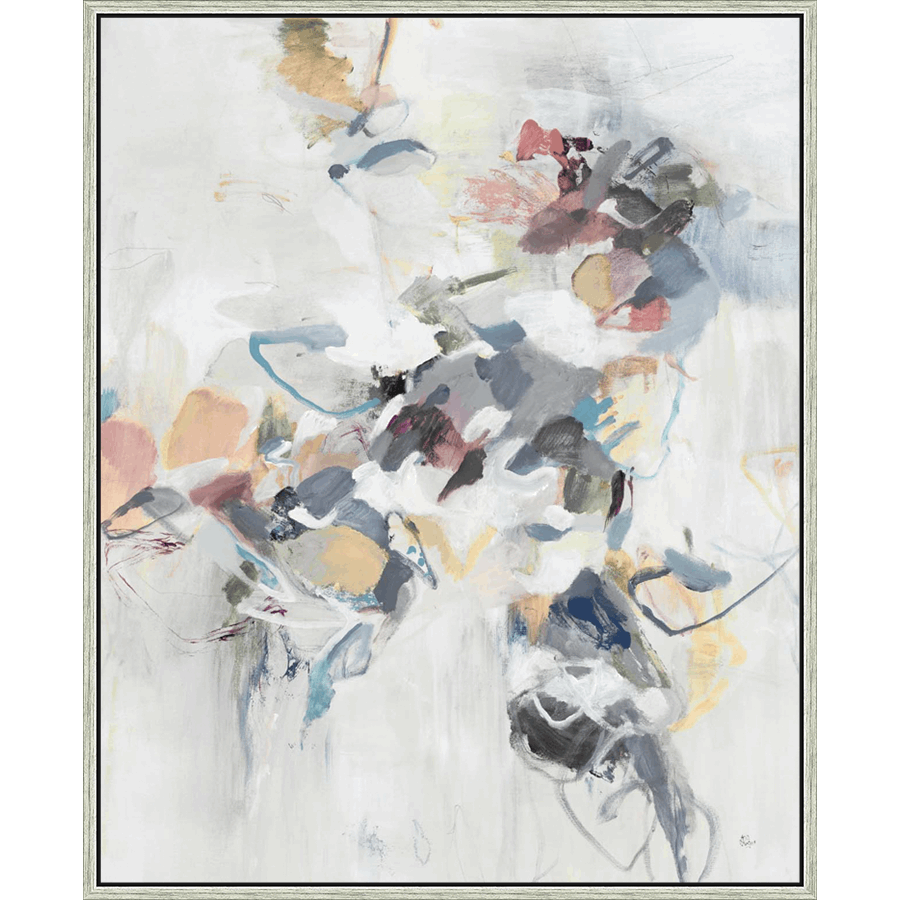 This original abstract painting features a delicate composition of gestural brushstrokes and organic shapes, rendered in a soft, muted palette of blues, grays, pinks, and creams. The artwork evokes a sense of airiness and movement, inviting the viewer to explore its nuanced textures and subtle color variations. It’s a refined piece, perfect for adding a touch of sophisticated artistry to any space.