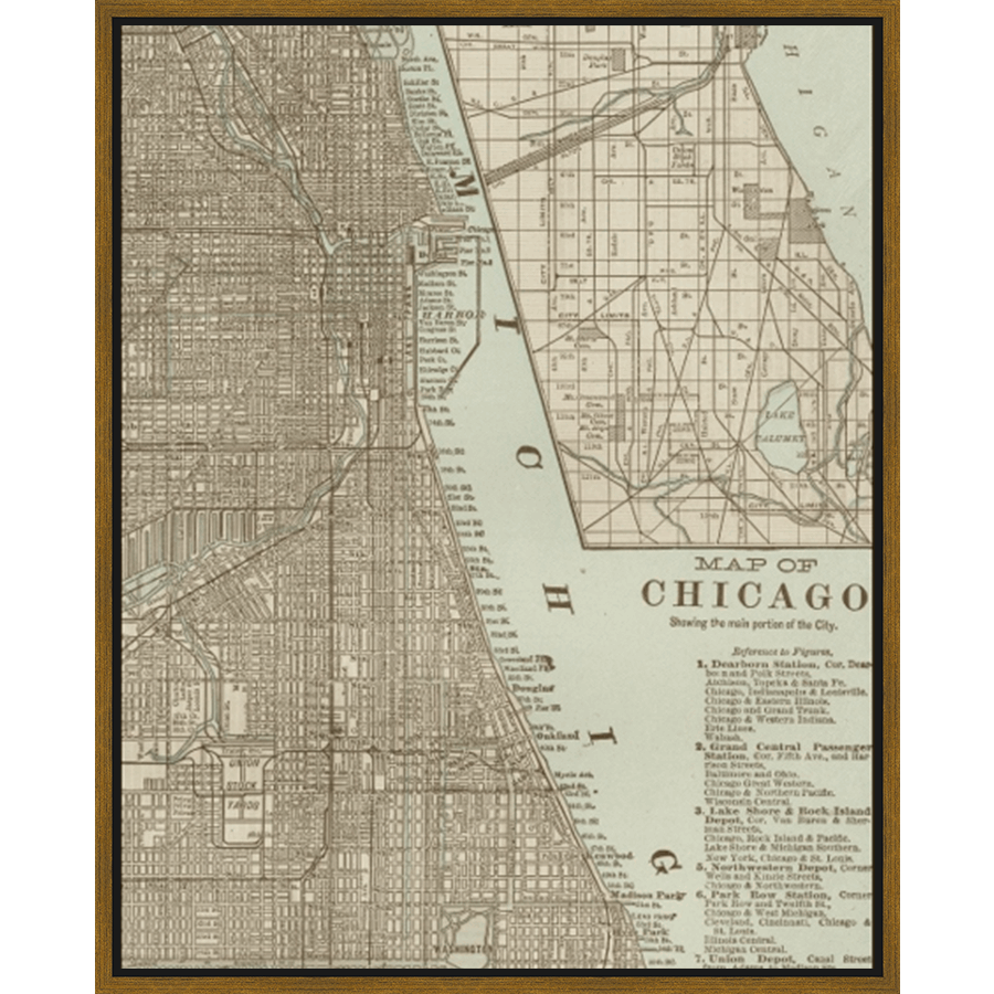 This vintage map showcases a detailed view of Chicago, Illinois, highlighting key landmarks and transportation routes of the era. The artwork is a beautiful and historic representation of the city, rendered in a neutral color palette and framed for immediate display. It adds a touch of history and sophistication to any room, perfect for anyone with a love for cartography or the Windy City.