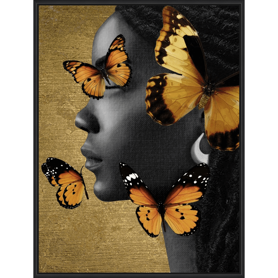 This stunning artwork captures the serene profile of a woman against a backdrop of textured gold. Butterflies of varying sizes and vibrant orange hues dance around her, creating a mesmerizing juxtaposition of beauty and nature. The black and white portrait adds depth, while the splashes of gold and orange butterflies evoke a sense of warmth and ethereal beauty, perfect for any space.