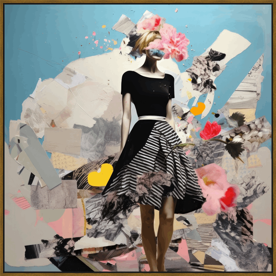 This mixed media artwork features a figure in a black dress standing against an abstract backdrop of various textures and colors. The focal point appears to be the woman, with her face obscured by floral elements, blending the natural and the artificial. The work is framed, adding a sense of completeness, while the use of collage elements creates depth and visual interest, offering a unique and contemporary piece of art for any space.
