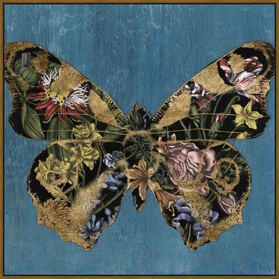A beautifully crafted artwork featuring a striking butterfly silhouette with intricate floral patterns, accented with delicate gold leaf details. The artwork is set against a textured, vibrant blue backdrop and framed for a sophisticated touch. Perfect for adding a touch of elegance and nature-inspired beauty to any space.