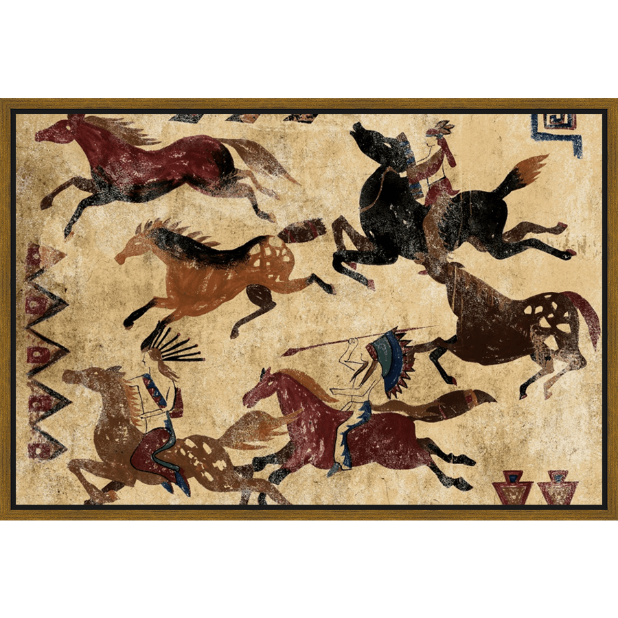 This captivating artwork depicts a vibrant scene of Native American warriors riding horses in a dynamic composition. Bold colors and a textured background reminiscent of ancient cave paintings enhance the piece. The painting showcases the energy of the riders and the horses with its earthy tones and expressive strokes, making it a striking addition to any space.