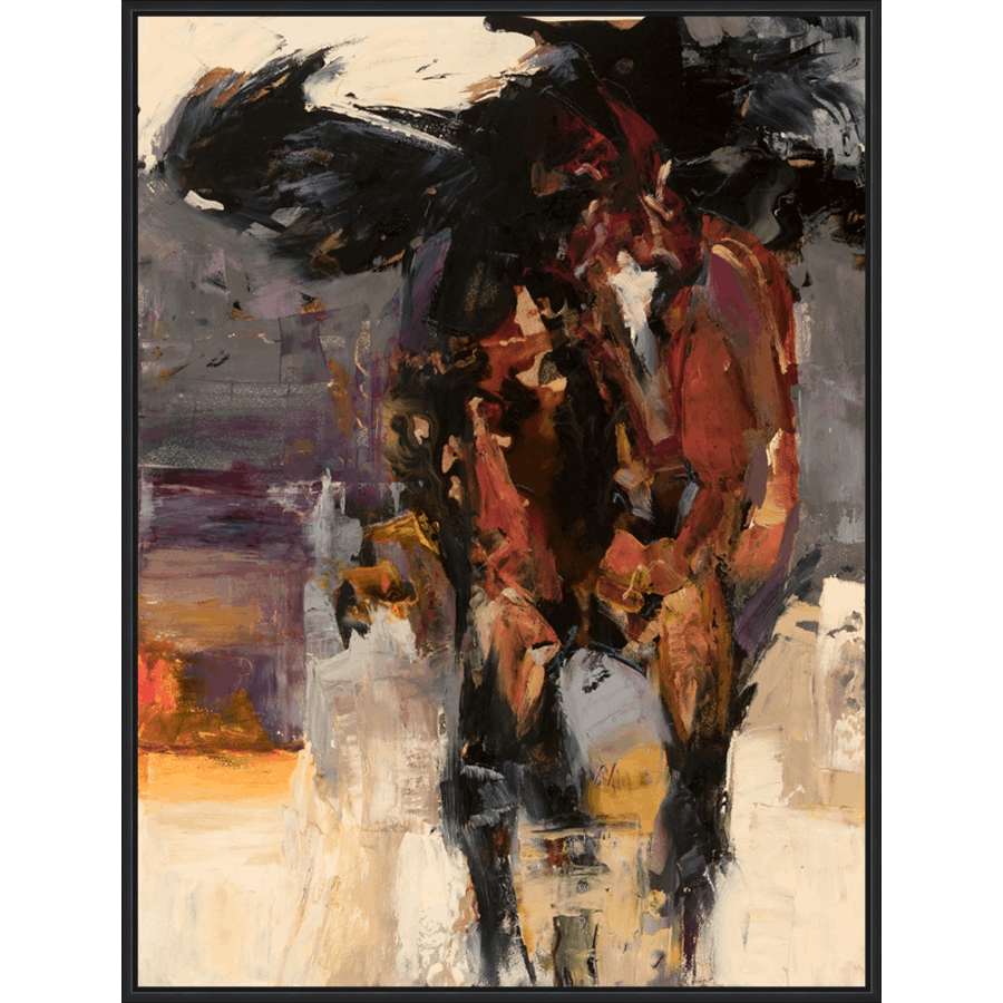 This striking abstract painting showcases dynamic brushstrokes and a rich palette of colors. Bold blacks and reds create a central, imposing form that contrasts with softer hues of purple, orange, and white in the background. The textured application of paint suggests depth and movement, making this piece a captivating focal point for any space.