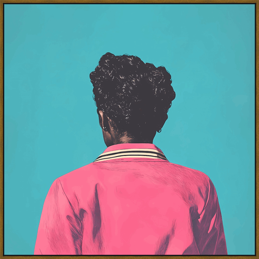 This striking artwork captures the back of a person gazing toward the horizon. The figure's dark, textured hair contrasts with their vibrant pink jacket and the brilliant turquoise backdrop. The minimalist composition creates a sense of depth and invites the viewer to contemplate the subject's perspective and surroundings.