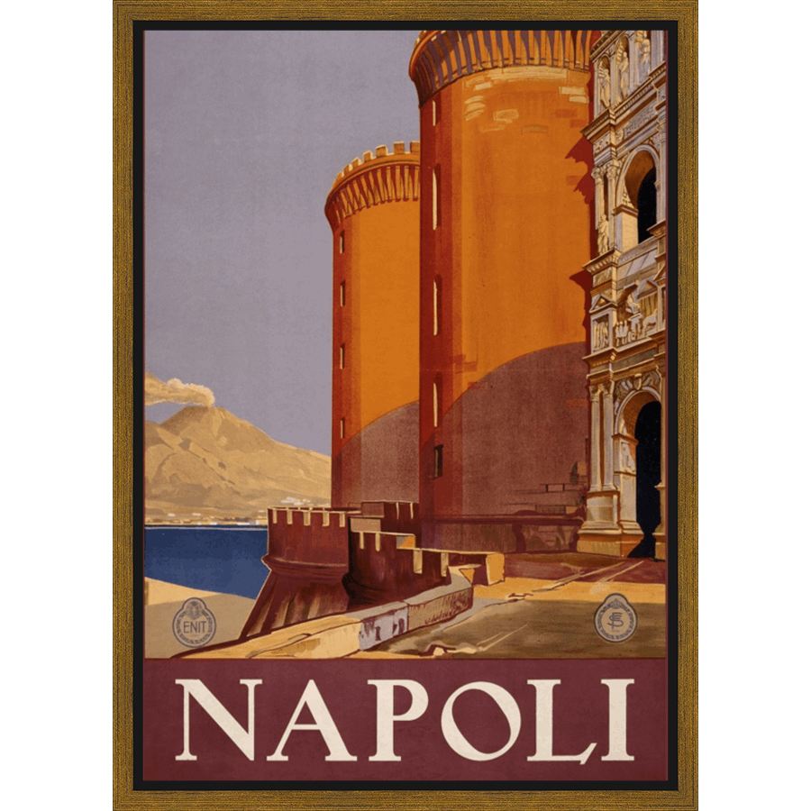 This vintage travel poster transports viewers to Naples, Italy, showcasing its iconic architecture. The artwork features the majestic Castel Nuovo, bathed in warm sunlight against a backdrop of a serene sea and the silhouette of Mount Vesuvius. The rich colors and classic design evoke a sense of nostalgia and wanderlust, inviting you to explore the beauty and history of this captivating city.