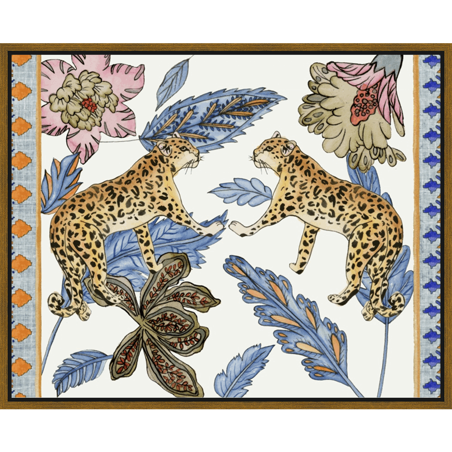 This exquisite artwork showcases two majestic leopards amidst a vibrant tropical landscape. Featuring intricate floral and leaf details rendered in a soft watercolor style, this piece captures a sense of serene elegance. The leopard's spotted coats contrast beautifully with the serene blue and pink hues of the surrounding flora, creating a captivating piece that will enhance any decor.