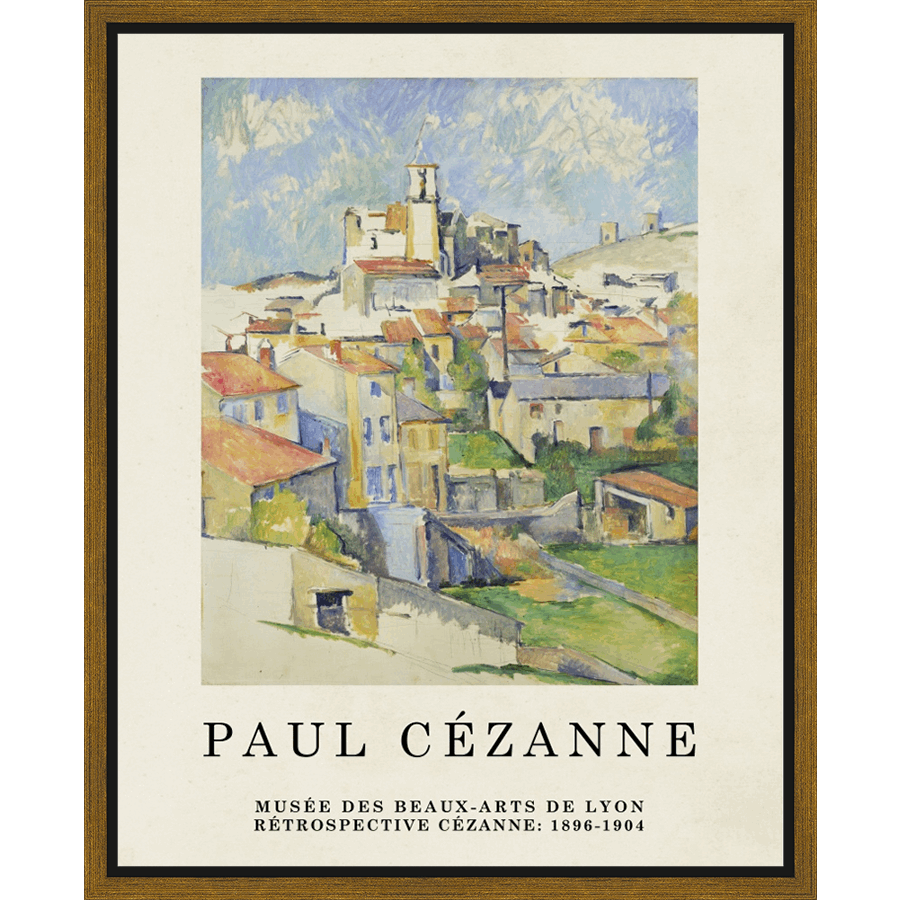 This art print showcases a vibrant landscape of a European village, rendered in the impressionistic style of Paul Cézanne. The artwork is from an exhibition by the Musée des Beaux-Arts de Lyon in 1896-1904. It is a picturesque scene that transports the viewer to the heart of the countryside, capturing a timeless moment with bold brushstrokes and rich colors.