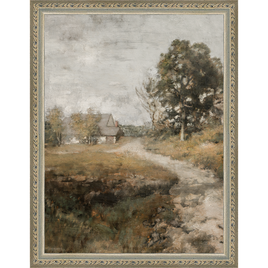 SA001-FARMHOUSE ON THE ROAD Hand framed in an ornate dark silver frame. Finished Size: W 10.25 in x H 13.25 in