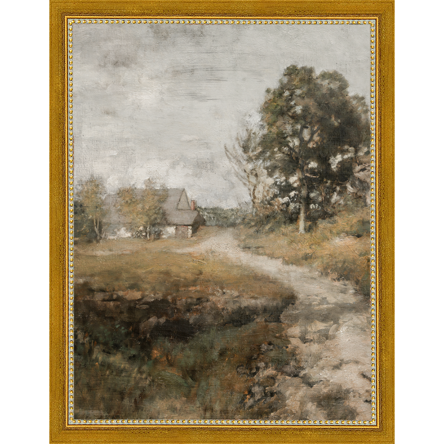 SA001-FARMHOUSE ON THE ROAD Hand framed in a transitional gold frame. Finished Size: W 10.25 in x H 13.25 in