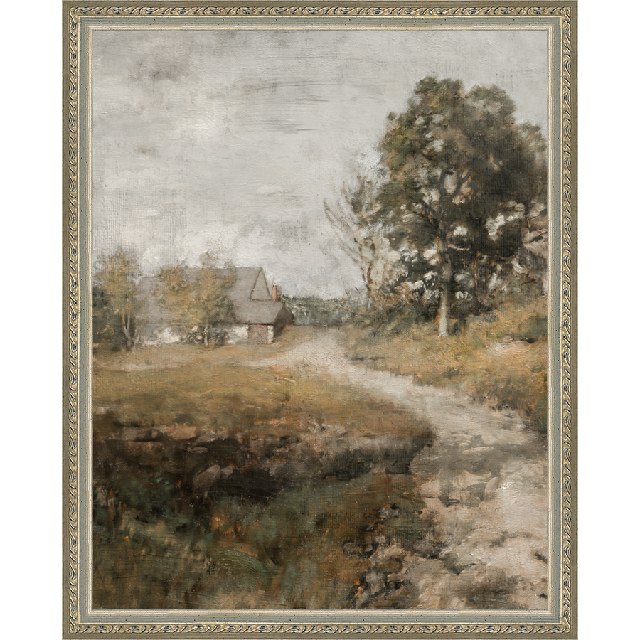 SA001-FARMHOUSE ON THE ROAD Hand framed in an ornate dark silver frame. Finished Size: W 12.25 in x H 15.25 in
