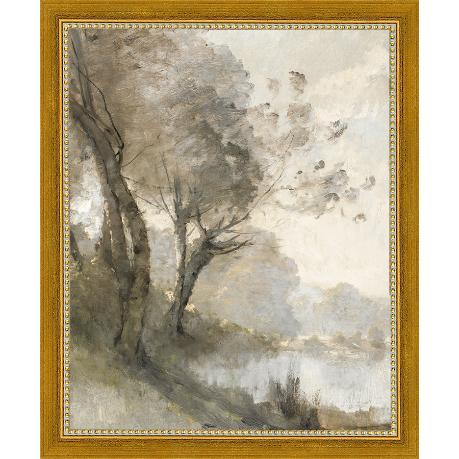 SA004-TREES ON POND I Hand framed in a transitional gold frame. Finished Size: W 9.25 in x H 11.25 in