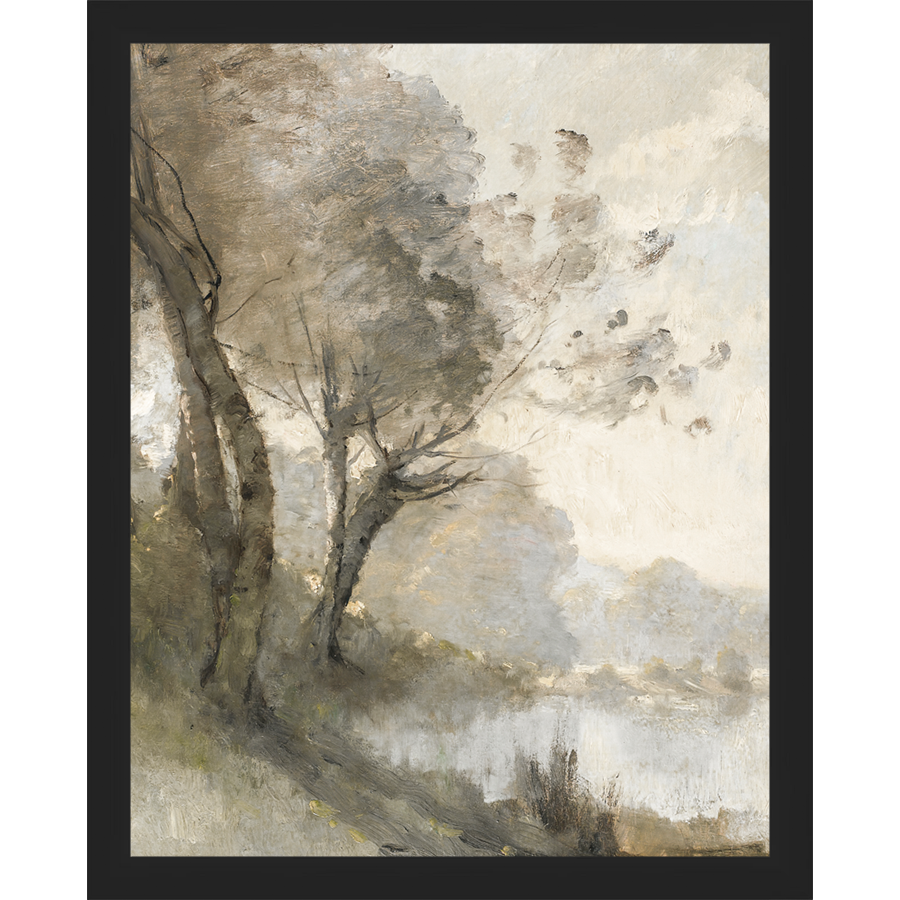 SA004-TREES ON POND I Hand framed in a matte black frame. Finished Size: W 12.25 in x H 15.25 in