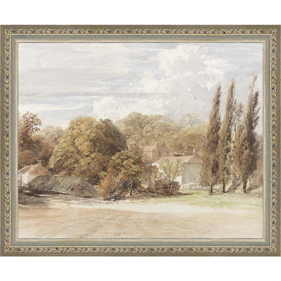SA008-THE COUNTRY HOUSE Hand framed in an ornate dark silver frame. Finished Size: W 11.25 in x H 9.25 in