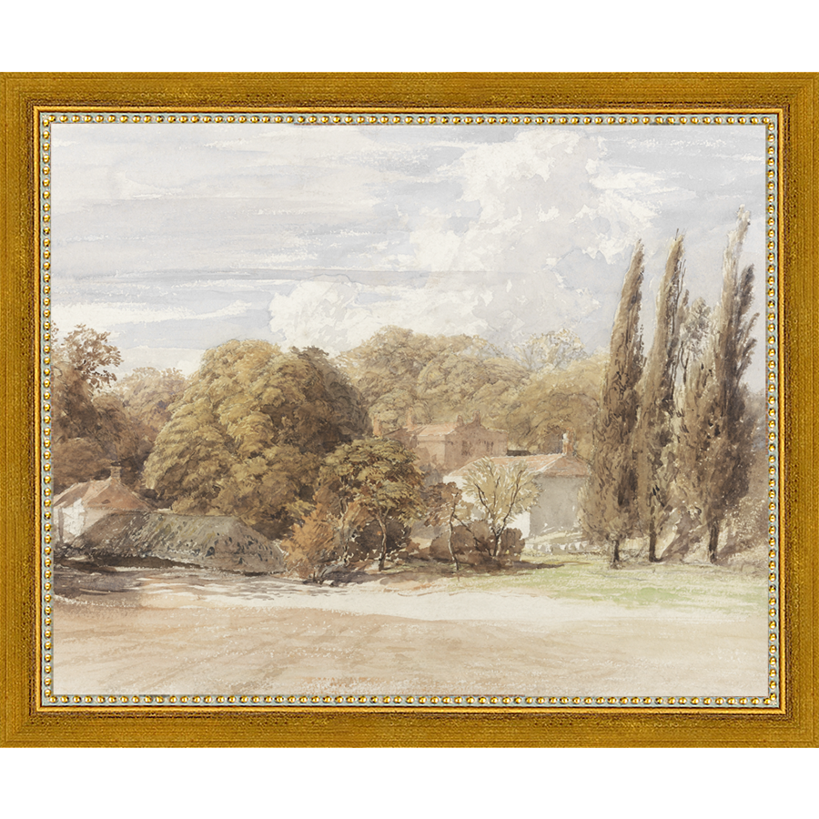 SA008-THE COUNTRY HOUSE Hand framed in a transitional gold frame. Finished Size: W 11.25 in x H 9.25 in