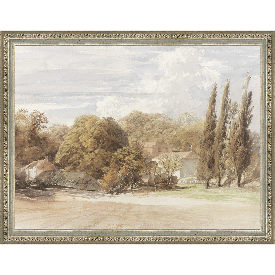 SA008-THE COUNTRY HOUSE Hand framed in an ornate dark silver frame. Finished Size: W 13.25 in x H 10.25 in