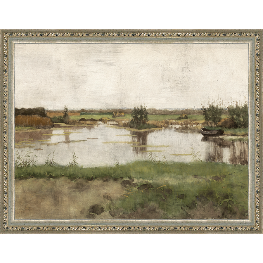 SA011-AT THE POND Hand framed in an ornate dark silver frame. Finished Size: W 13.25 in x H 10.25 in