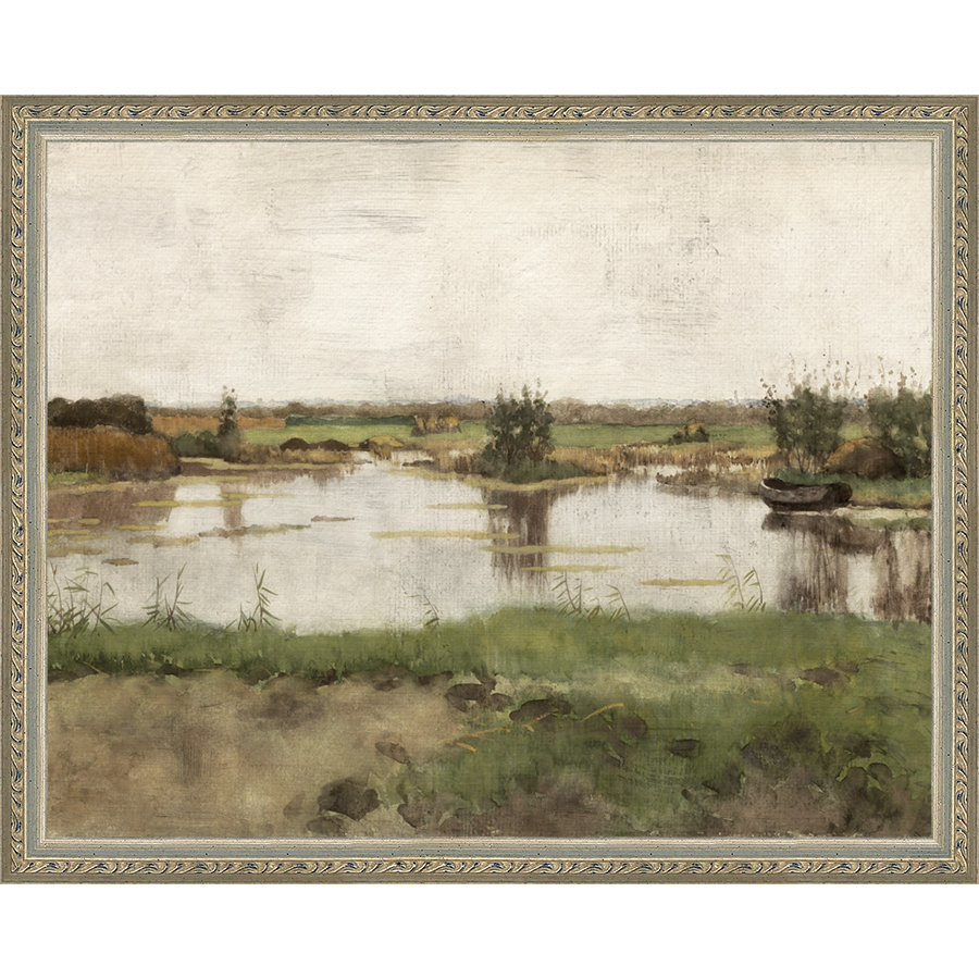 SA011-AT THE POND Hand framed in an ornate dark silver frame. Finished Size: W 15.25 in x H 12.25 in