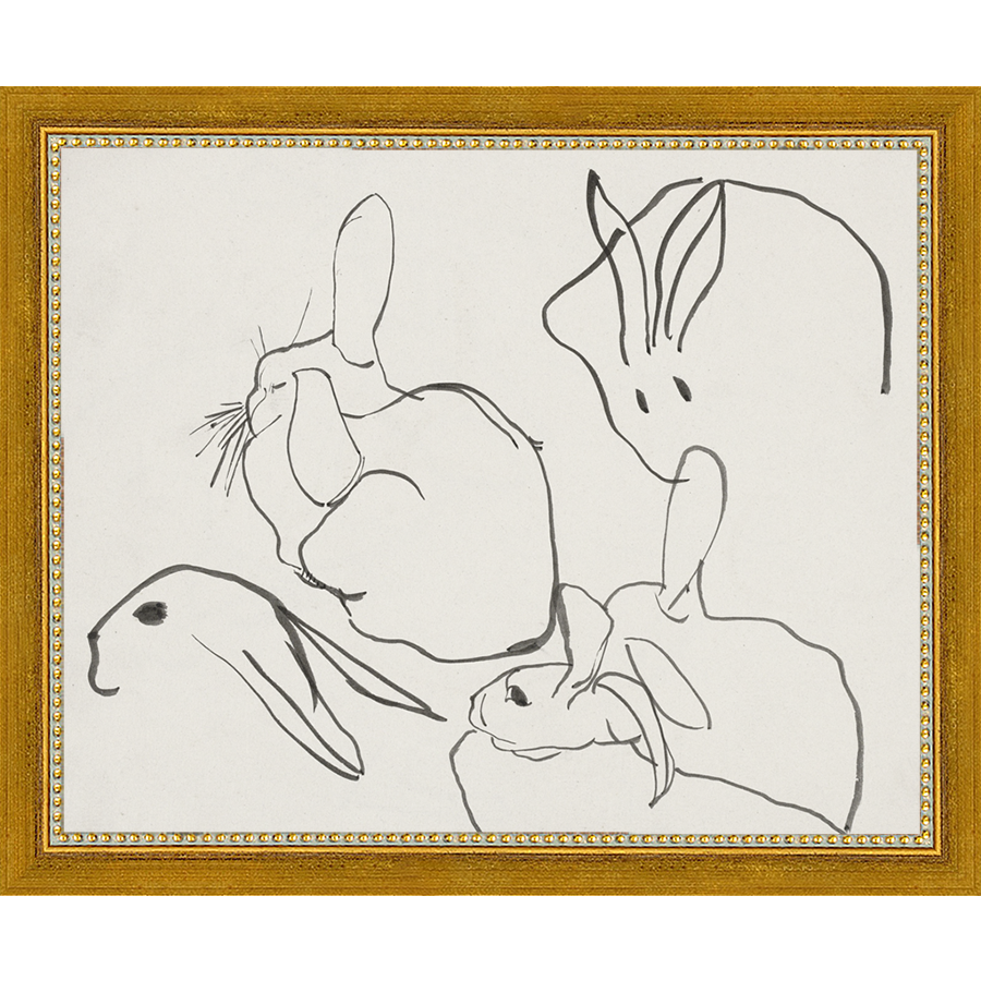 SA013-RABBITS Hand framed in a transitional gold frame. Finished Size: W 11.25 in x H 9.25 in