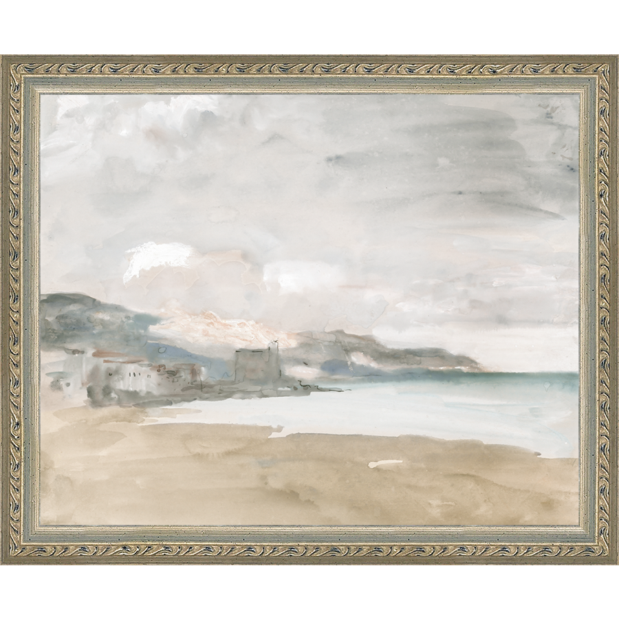 SA014-AT THE BEACH Hand framed in an ornate dark silver frame. Finished Size: W 11.25 in x H 9.25 in