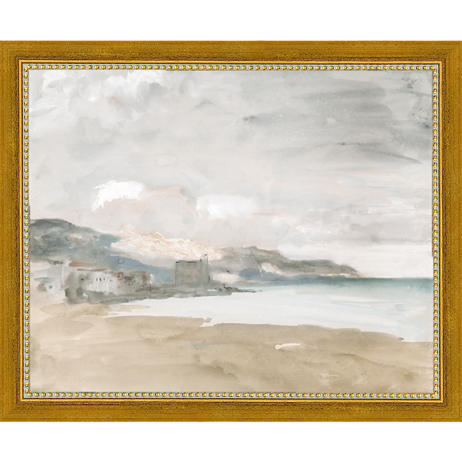 SA014-AT THE BEACH Hand framed in a transitional gold frame. Finished Size: W 11.25 in x H 9.25 in