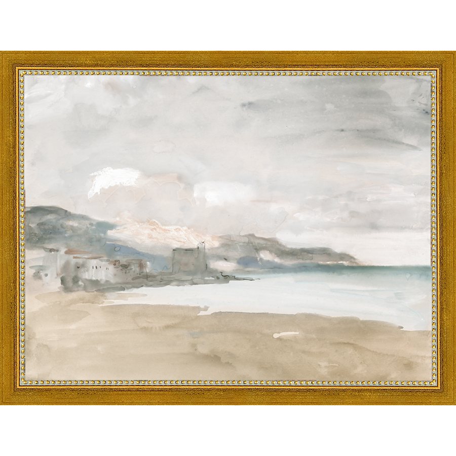 SA014-AT THE BEACH Hand framed in a transitional gold frame. Finished Size: W 13.25 in x H 10.25 in