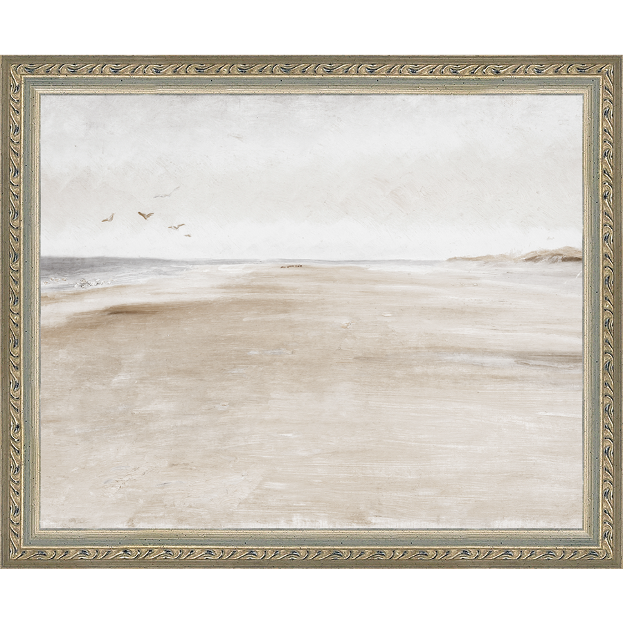 SA016-THE WIDE BEACH Hand framed in an ornate dark silver frame. Finished Size: W 11.25 in x H 9.25 in