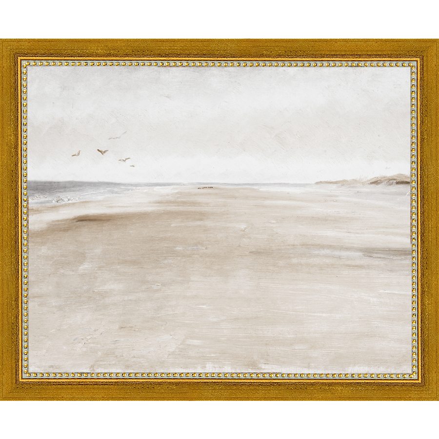 SA016-THE WIDE BEACH Hand framed in a transitional gold frame. Finished Size: W 11.25 in x H 9.25 in