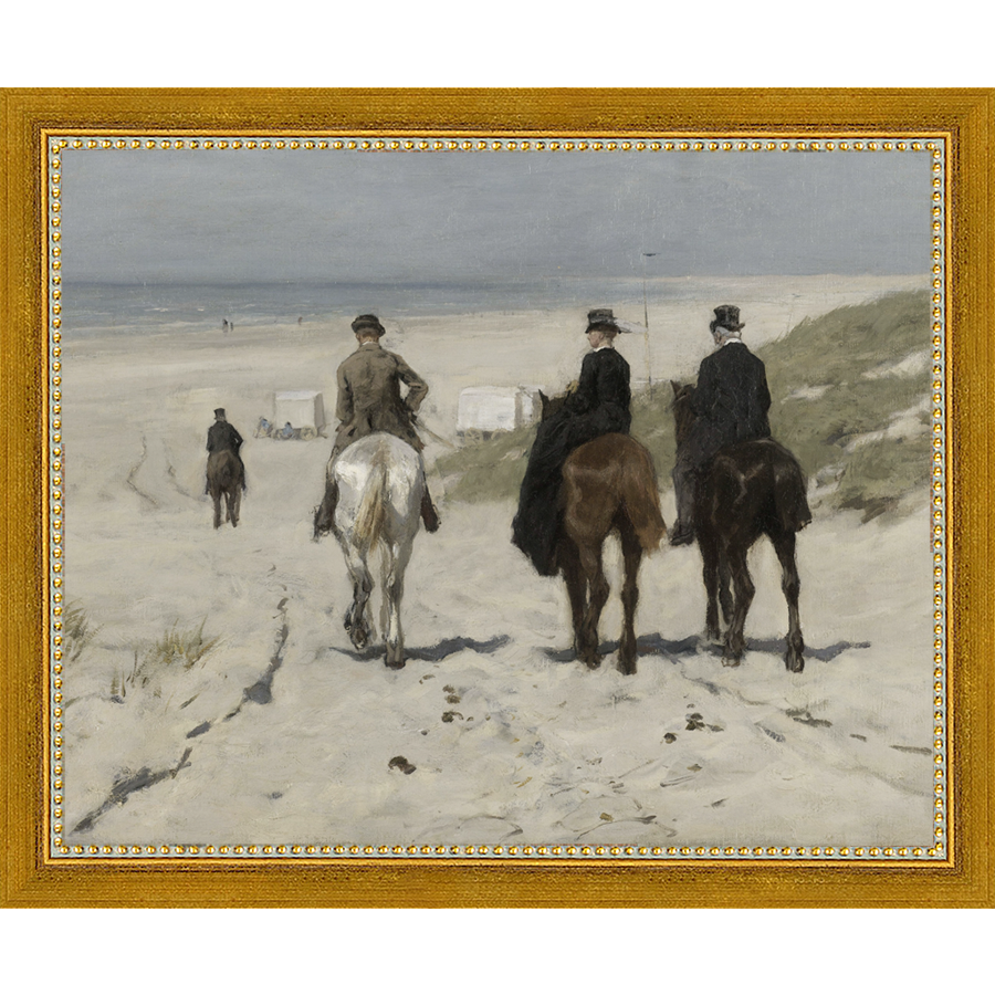 SA017-BEACH SCENE Hand framed in a transitional gold frame. Finished Size: W 11.25 in x H 9.25 in