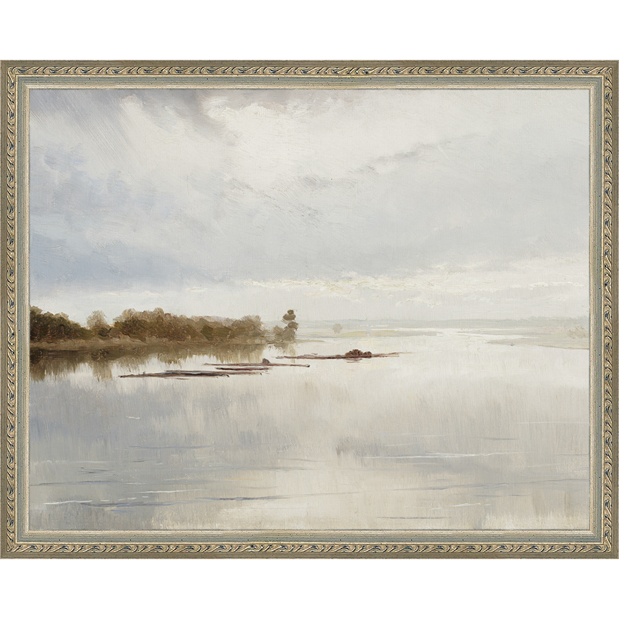 SA021-THE LAZY RIVER Hand framed in an ornate dark silver frame. Finished Size: W 15.25 in x H 12.25 in