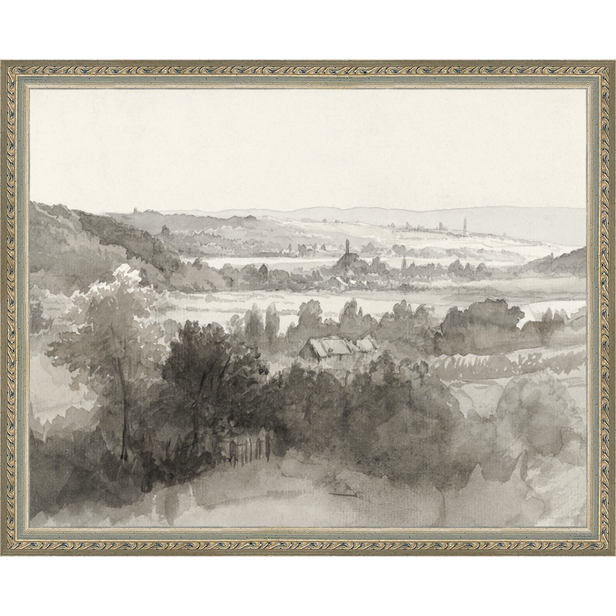 SA022-VILLAGE LANDSCAPE Hand framed in an ornate dark silver frame. Finished Size: W 15.25 in x H 12.25 in