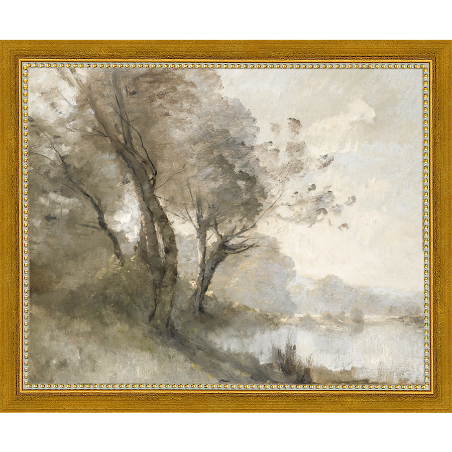 SA023-TREES ON POND II Hand framed in a transitional gold frame. Finished Size: W 11.25 in x H 9.25 in