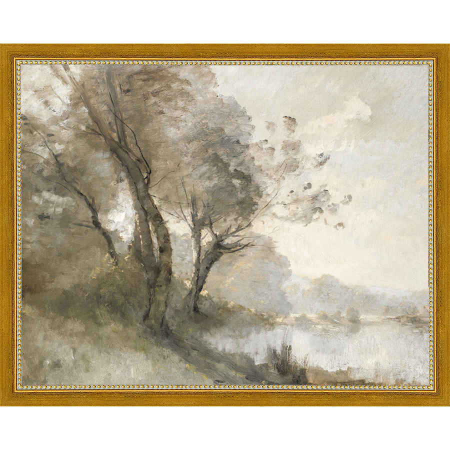SA023-TREES ON POND II Hand framed in a transitional gold frame. Finished Size: W 15.25 in x H 12.25 in