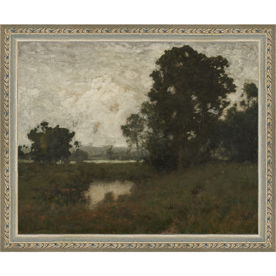 SA028-BREAK IN THE TREES Hand framed in an ornate dark silver frame. Finished Size: W 11.25 in x H 9.25 in