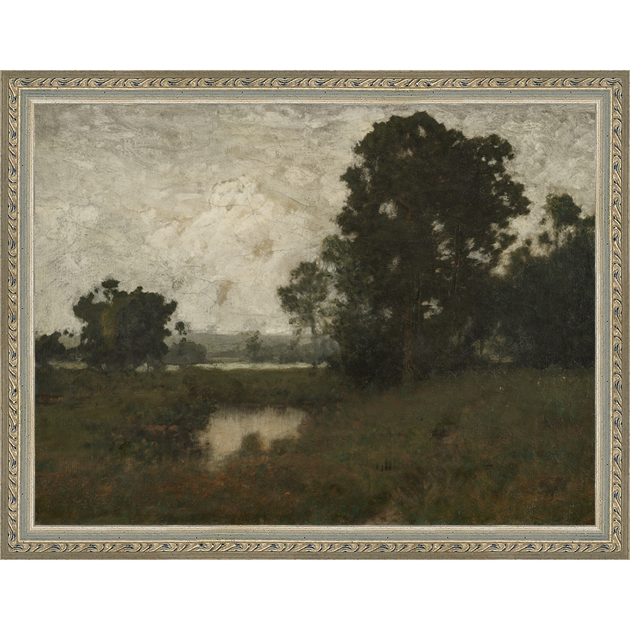 SA028-BREAK IN THE TREES Hand framed in an ornate dark silver frame. Finished Size: W 13.25 in x H 10.25 in