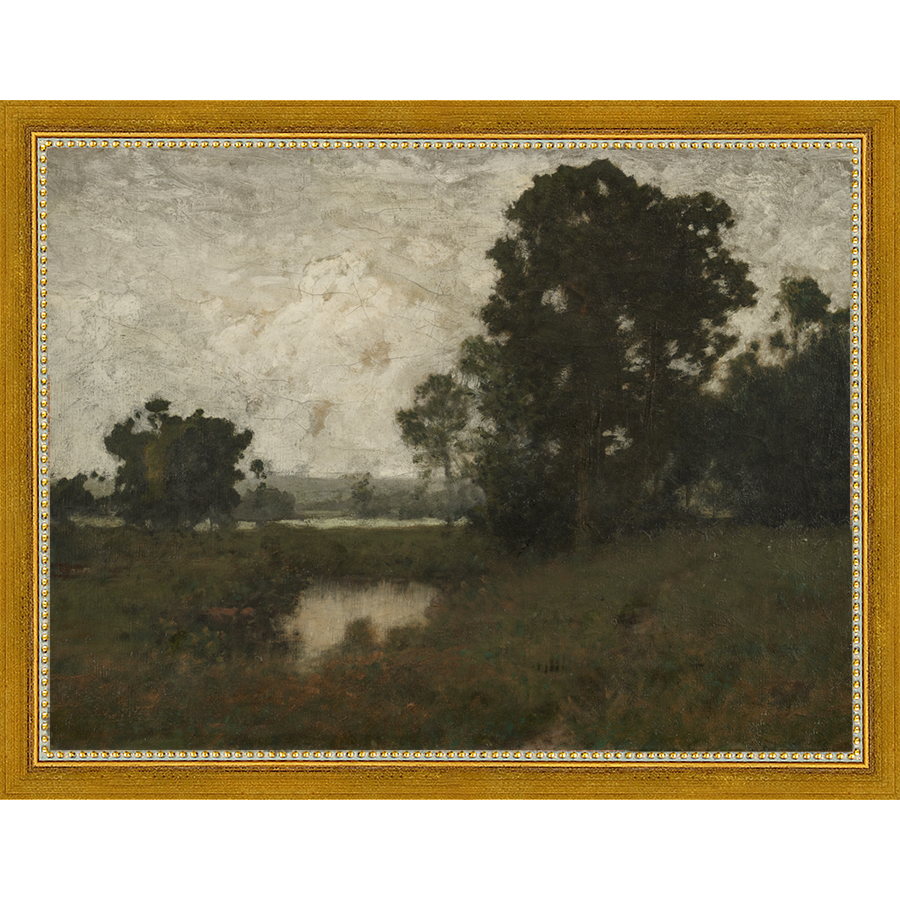 SA028-BREAK IN THE TREES Hand framed in a transitional gold frame. Finished Size: W 13.25 in x H 10.25 in