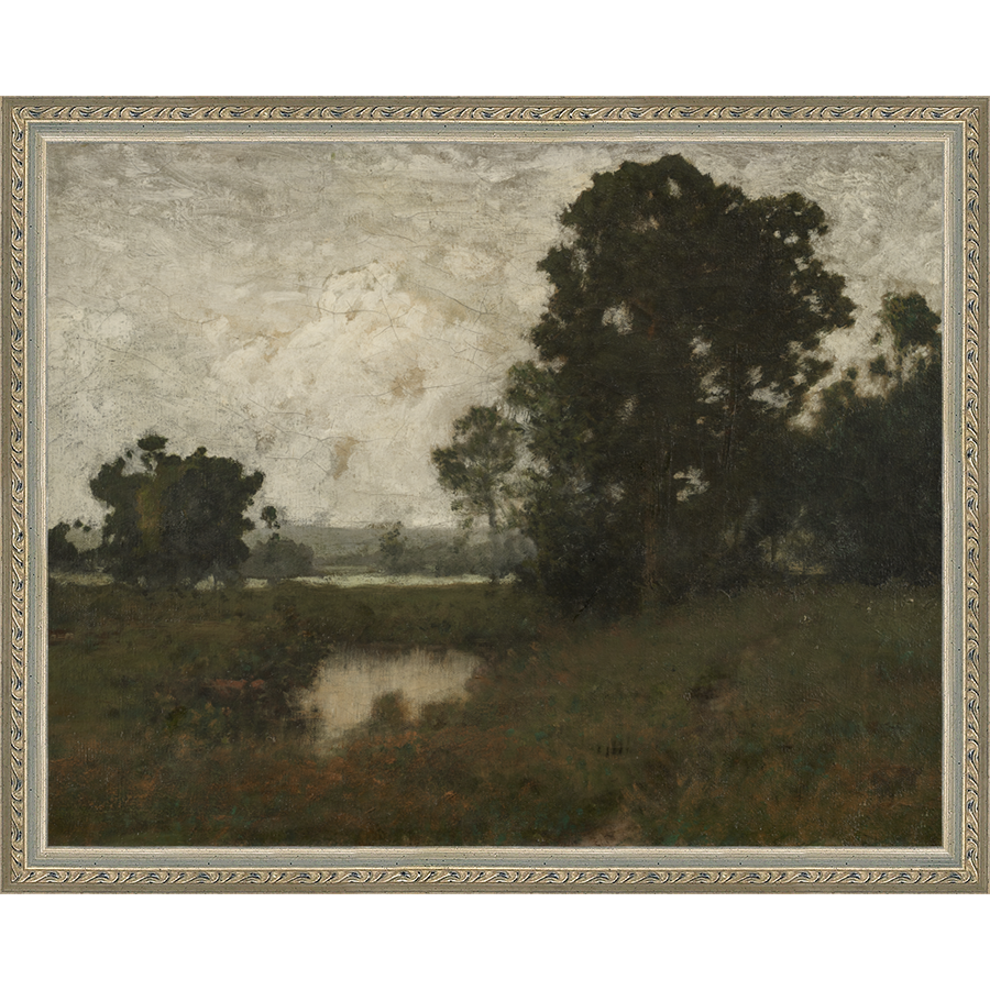 SA028-BREAK IN THE TREES Hand framed in an ornate dark silver frame. Finished Size: W 15.25 in x H 12.25 in